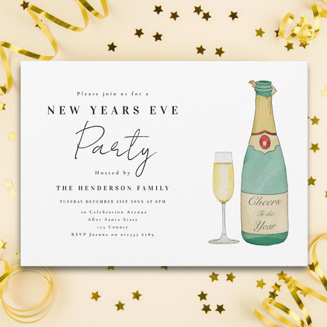 Enkel vattenfärg Nytt års Kväll Party Inbjudningar (Cheers to the year New Year’s Eve party invitation simple watercolor )
