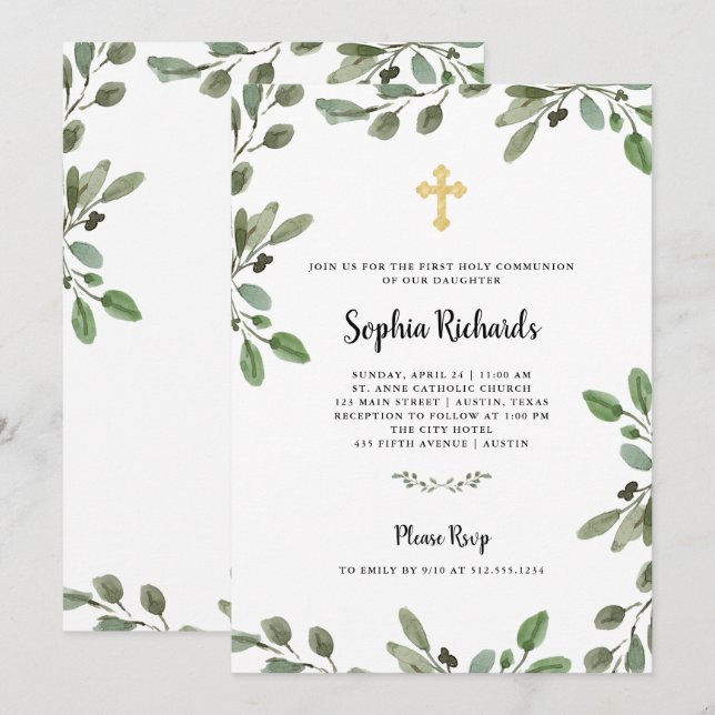 Enkel vattenfärgad grön | Första Heligan av kommis Inbjudningar (Fram/baksida)