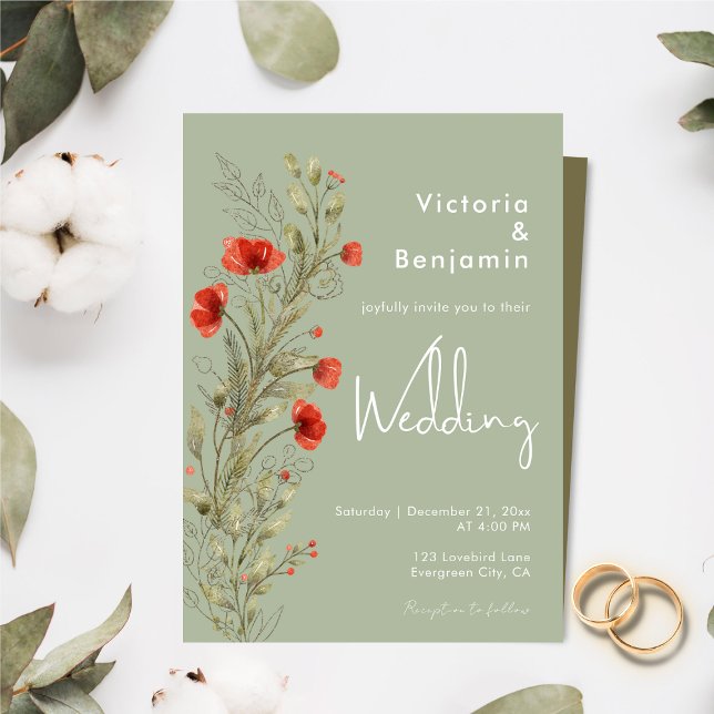 Enkel vattenfärgad Vild Blommigt Boho Sage Bröllop Inbjudningar (Simple Rustic Watercolor Floral Boho Sage Green Invitation )