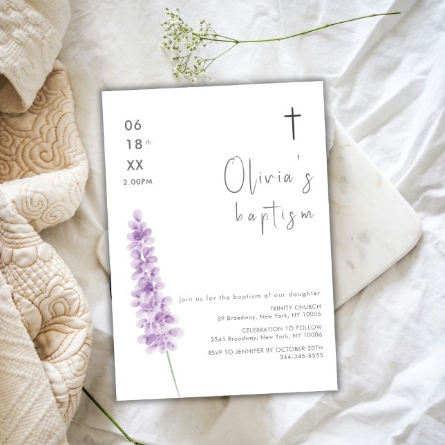 Enkel vattenfärgsbaptism i Lavender Flower Kor Inbjudningar (Simple Watercolor Lavender Flower Cross Baptism Invitation)