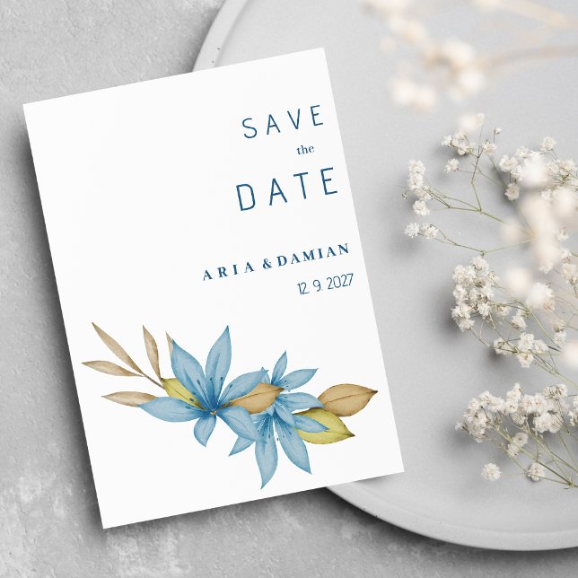 Enkel vattenfärgsbrun blå blommigt Spara datum Inbjudningar (Simple watercolor brown blue floral Save the Date)