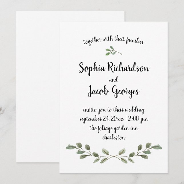 Enkel vattenfärgsenergi och skript| Bröllop Inbjudningar (Fram/baksida)