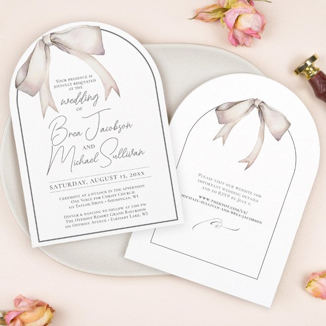 Enkel vattenfärgsruta Elegant Modern Arch Bröllop Inbjudningar (Beautiful, soft, elegant, simple floppy white bow coquette aesthetic arch shape wedding invitation)