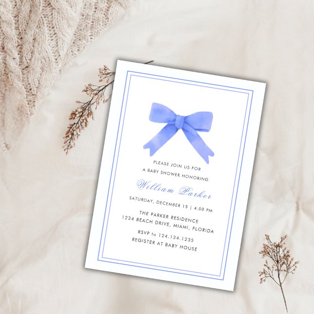 Enkel vattenfärgsskuva för babykläder inbjudningar (Simple Blue Watercolor Bow Boy Baby Shower Invitation)
