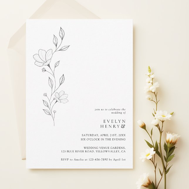 Enkel Vildblomma Minimalistisk Chic Elegant Bröllo Inbjudningar (Skapare uppladdad)