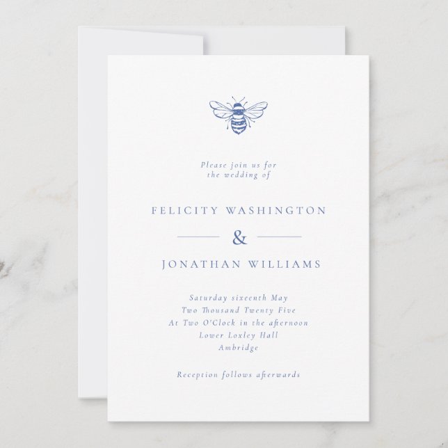 Enkel Vintage Bee Blue Bröllop Inbjudningar (Framsida)