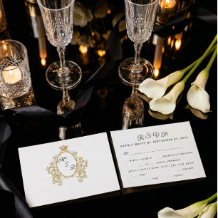Enkel Vintage Monogram Falskt Guld Bröllop RSVP OSA Kort