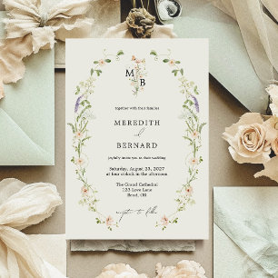 Enkel Vintage Rustik Vildblomma Monogram Bröllop Inbjudningar