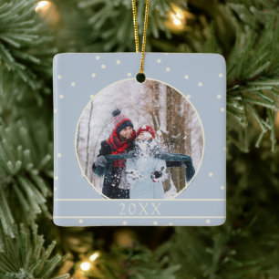 Enkel vinter snö foto minnessaker blå jul julgransprydnad keramik