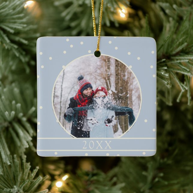 Enkel vinter snö foto minnessaker blå jul julgransprydnad keramik (Träd)
