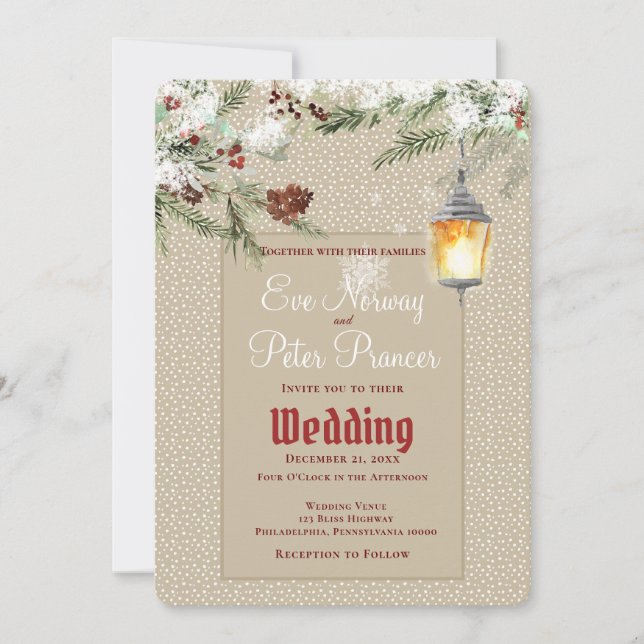 Enkel vinterbröllop med lykta och grönt bröllop meddelande (Framsida)