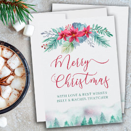 Enkel vinterskog och vattenfärg för Poinsettia Julkort