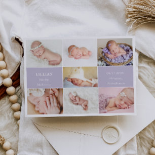 Enkel Violett Baby Fotocollage Förlossningskort Inbjudningar