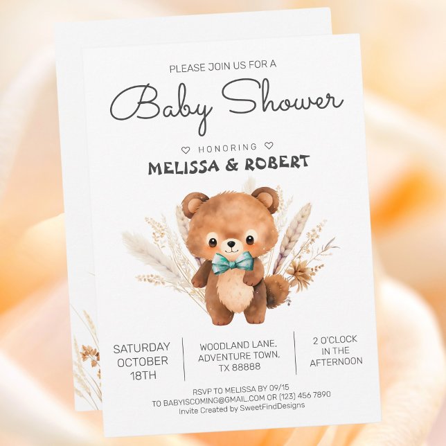 Enkel visning av vattenfärg i Pojke med Nalle Inbjudningar (Simple Watercolor Cute Teddy Bear Baby Boy Shower Invitation)