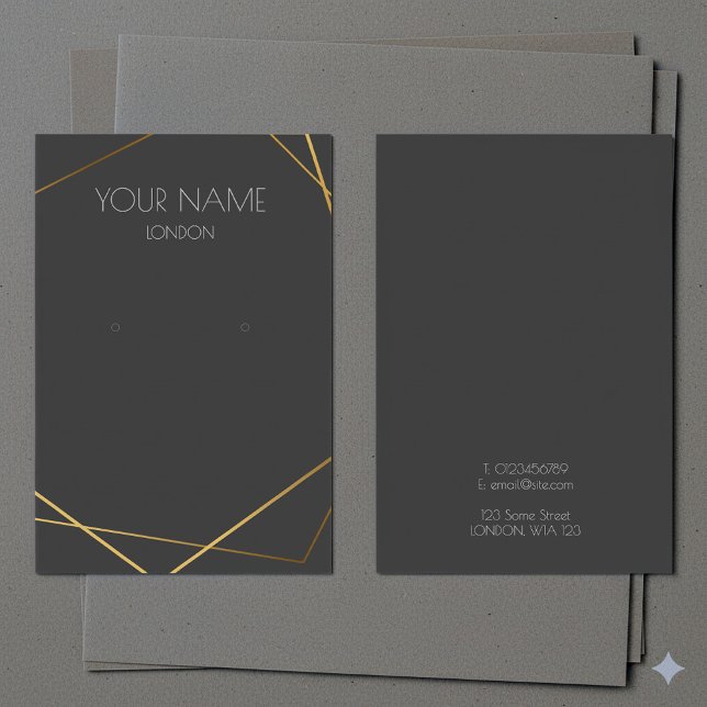 Enkel visning för grått-öronring i guld visitkort (Simple gold geometric grey earring display card.)
