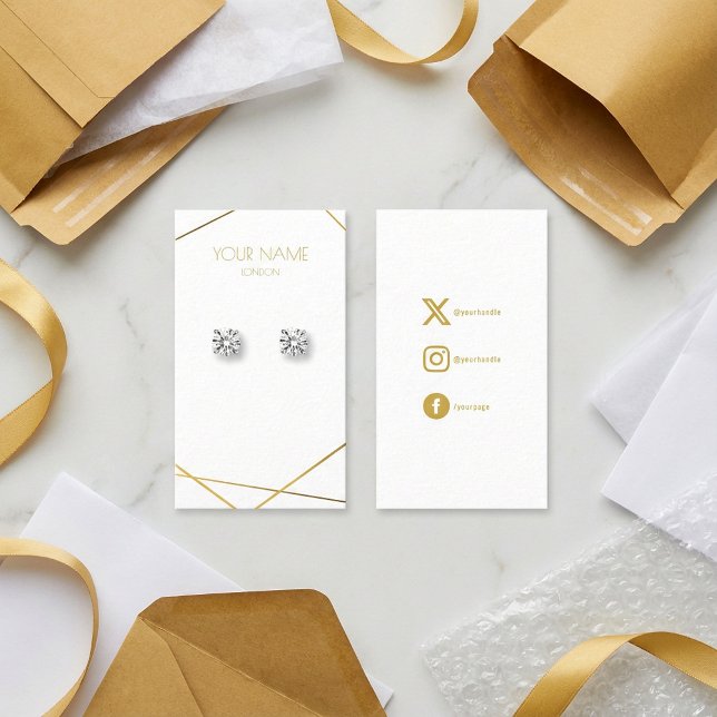Enkel visning för guld-geometrisk miniatyr visitkort (Simple gold geometric miniature earring display business card.)