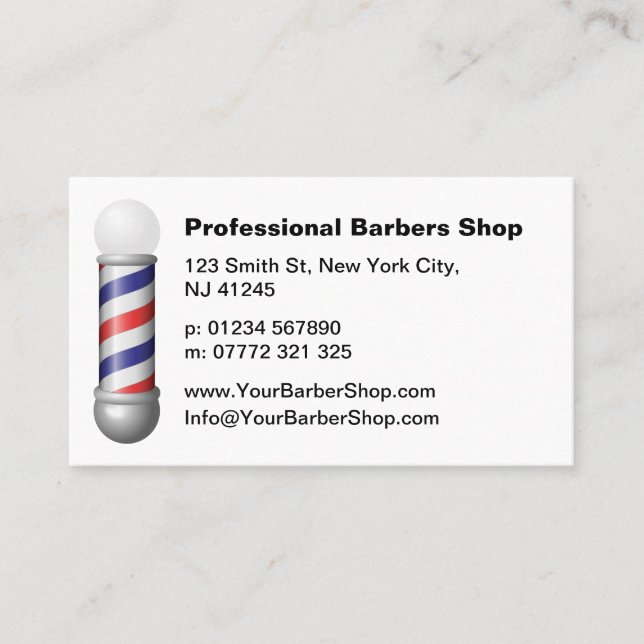 Enkel vit barberarstolps barberbutik visitkort (Framsida)