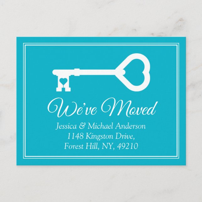 Enkel Vit Blå Minimal Nyckel Flyttningskungörelse Meddelande Vykort (Framsida)
