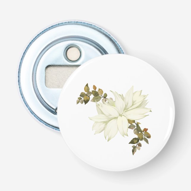 Enkel vit blomma och lövverk flasköppnare (Framsidan)
