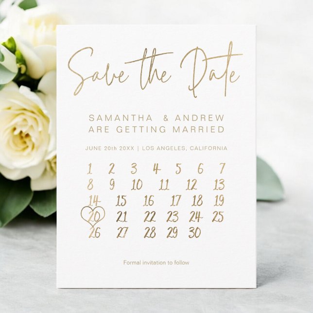 Enkel vit kalender i guld sparar datumet meddelande vykort (Simple gold white calendar save the date announcement postcard)