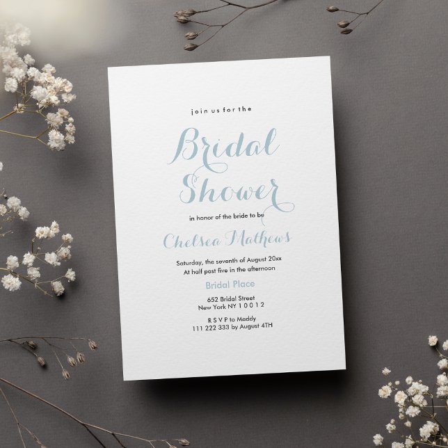 Enkel vit pastellblå Möhippa i elegant Inbjudningar (Simple elegant white pastel blue Bridal Shower)