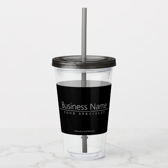 Enkel, vit text i klass på svart take away mugg (Framsida)