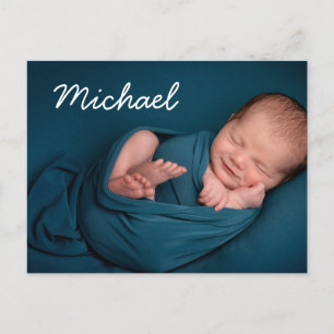 Enkel vit typografi Baby pojke Namn Foto Meddelande Vykort
