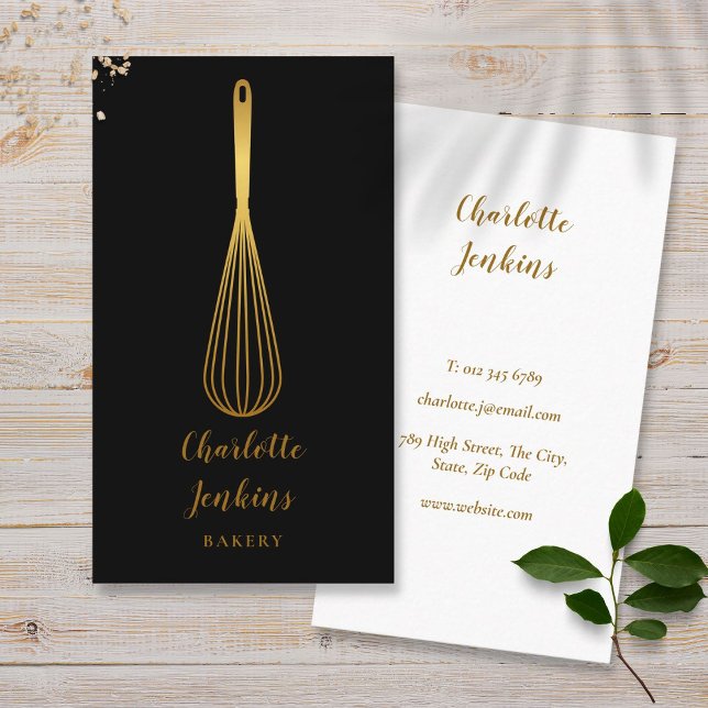 Enkel Whisk Bakery Patisserie Svart Guld Visitkort (Simple Whisk Bakery Patisserie Black Gold Business Card)