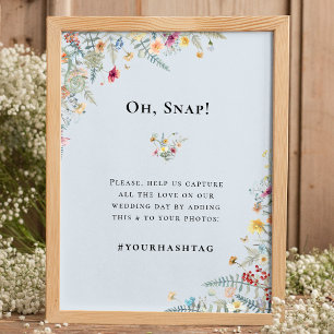 Enkel Wildblomma Fern Dusty Blue Bröllop Hashtag Poster