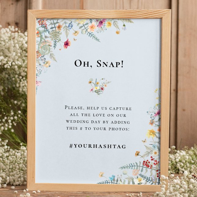 Enkel Wildblomma Fern Dusty Blue Bröllop Hashtag Poster (Skapare uppladdad)