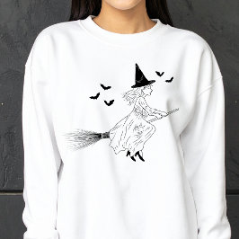 Enkel Witch Girl med Fladdermus Line Art Halloween T Shirt