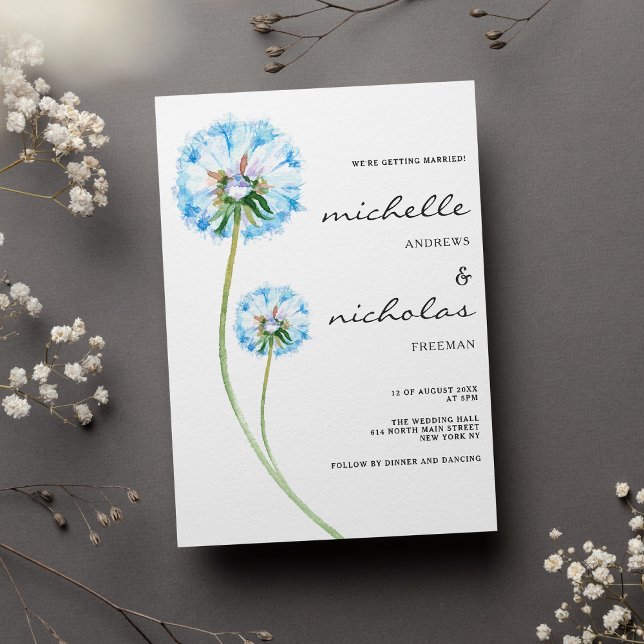 Enkelblå lilac grönt dandelion blommigt bröllop inbjudningar (Simple blue lilac green dandelion floral wedding)