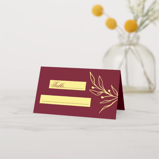 Enkelblommor av guld burgundy bröllop placeringskort (Framsida)