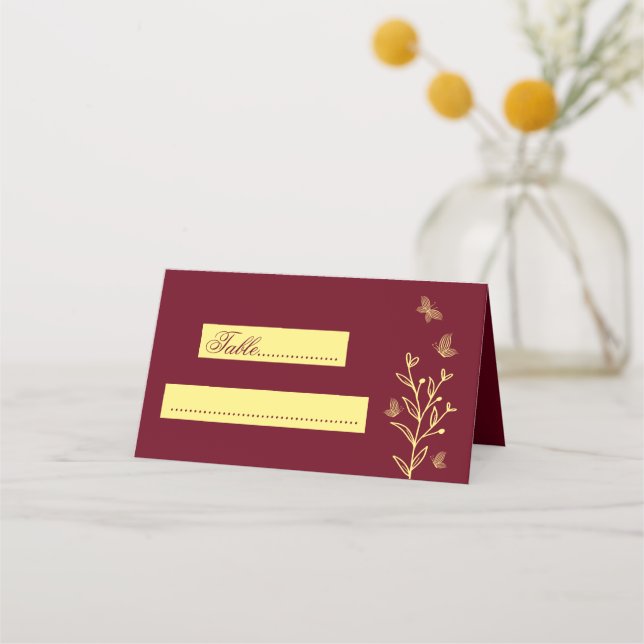 Enkelblommor av guld burgundy bröllop placeringskort (Framsida)
