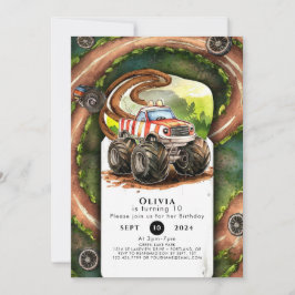 Enkelfärgad vattenfärgsmonster Lastbil födelsedag Inbjudningar