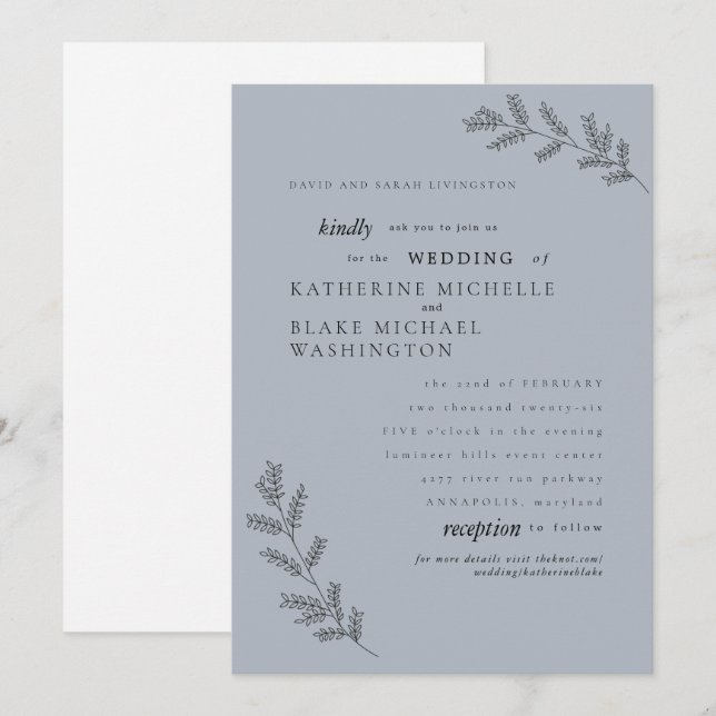 Enkelhet - Dusty Blue Parents webbplats Bröllop Inbjudningar (Fram/baksida)