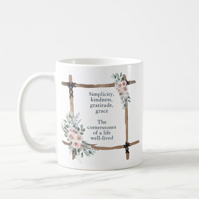 Enkelhet, vänlighet, tacksamhet, grace boho-vib kaffemugg (Vänster)