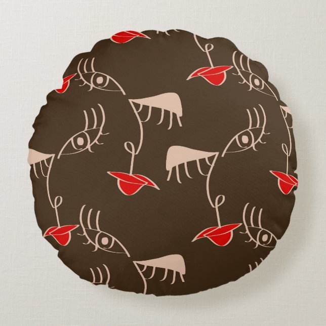 Enkelradig kvinna ansikte: abstrakt mönster. rund kudde (Framsidan)