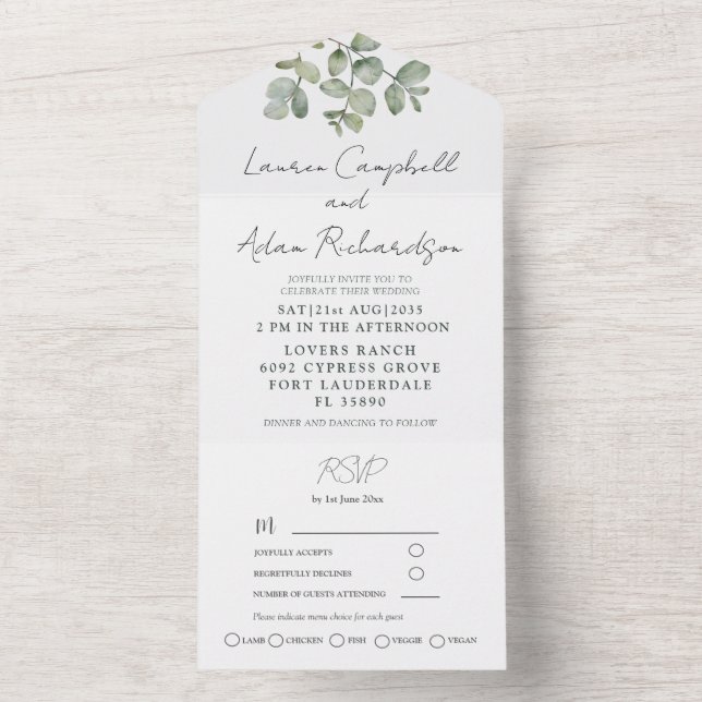 Enkelsidig Grönt Eucalyptus Calligraphy Bröllop (Insida)