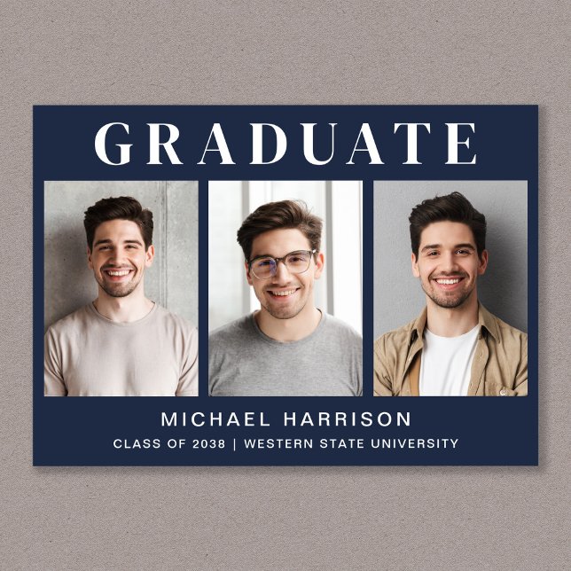Enkelt 3 fotoutblått Studenten Meddelande (Cherish the milestone: share your graduate's achievement with a custom photo graduation announcement)