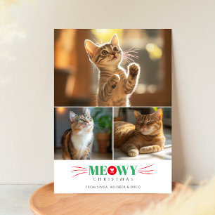 Enkelt 3 Photo Red Grönt Meowy jul Cute Cat Julkort