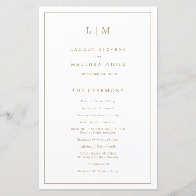 Enkelt Antique Guld Monogram-Bröllopsprogram (Framsida)