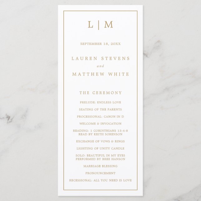 Enkelt Antique Guld Monogram Elegant bröllop Program (Framsida)