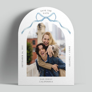 Enkelt Arch Photo Blue Bow Bröllop spara datum Inbjudningar