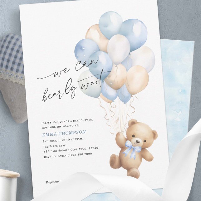 Enkelt att vänta blått Pojke-duschar Inbjudningar (Blue We Can Bearly Wait, Cute Teddy Bear Baby Boy Shower Invitation.)
