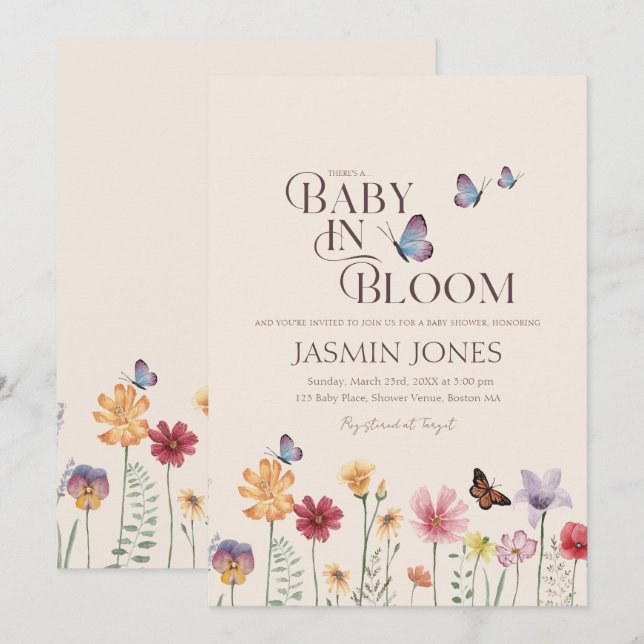 Enkelt Baby i Bloom Wildblomsterbabydusch Inbjudningar (Fram/baksida)
