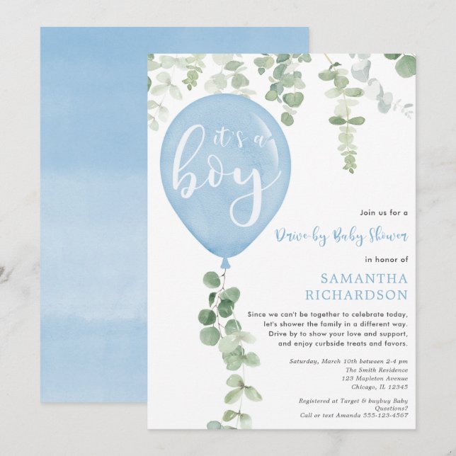 Enkelt barn duscha blåblåballong eucalyptus inbjudningar (Fram/baksida)