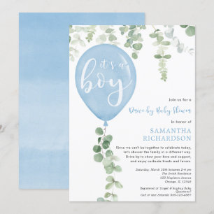 Enkelt barn duscha blåblåballong eucalyptus inbjudningar