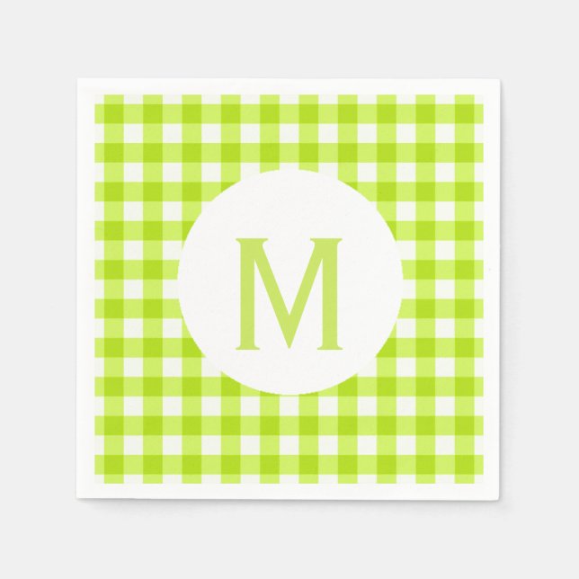 Enkelt Basic Lime Green Gingham Monogram Pappersservett (Framsidan)