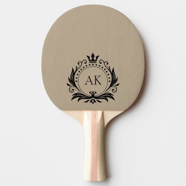 Enkelt Beige Leather Black Krona Ram Monogram Pingisracket (Framsidan)